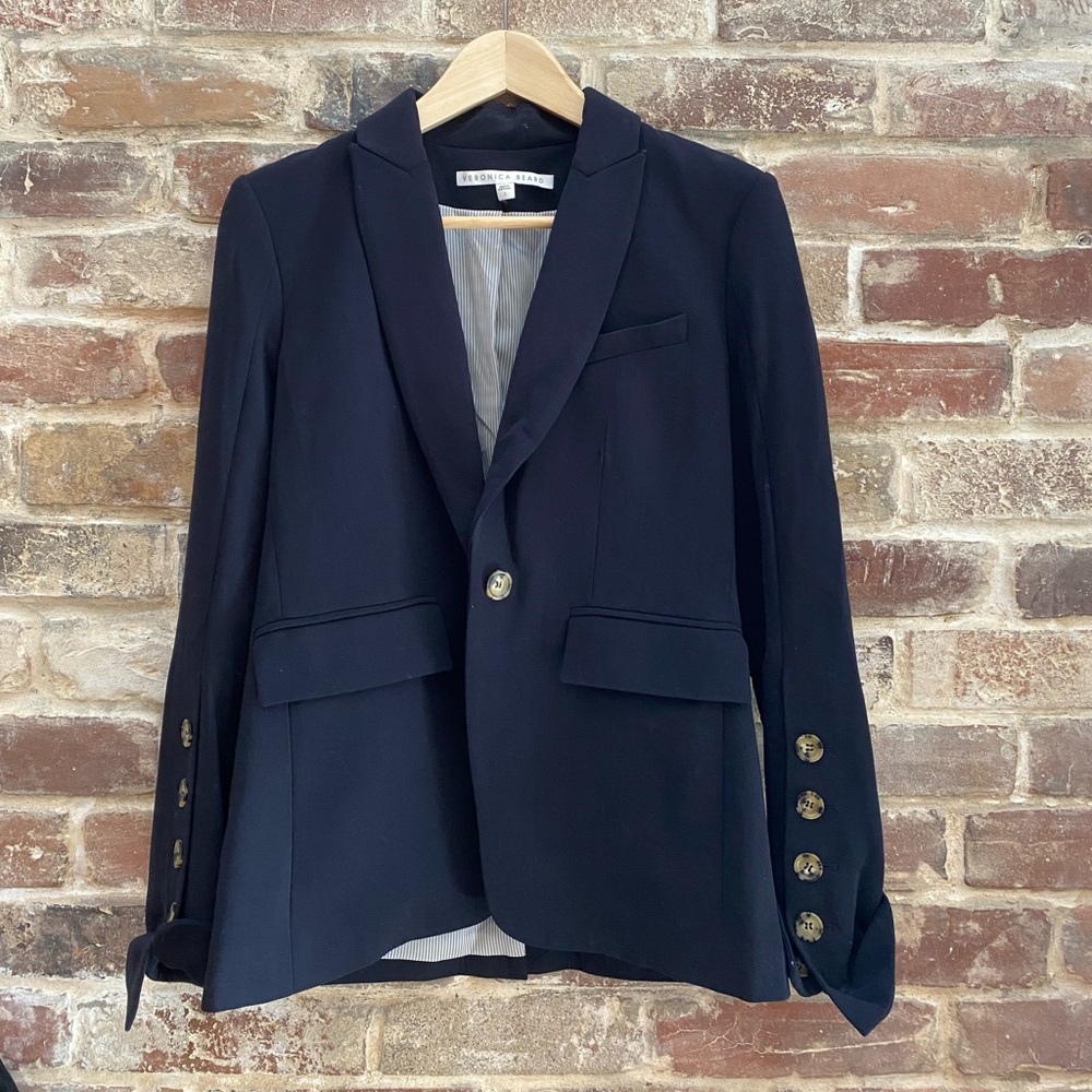 Navy Blue Veronica Beard Blazer Button Sleeve Detail